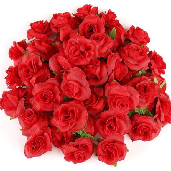 50pcs Red Roses Buds Artificial Flowers Bulk, 1.6" Small Silk Fake Flower Heads - Picture 1 of 12